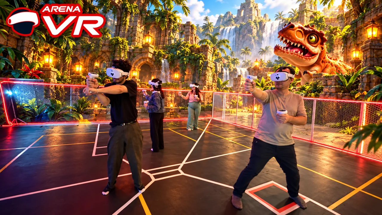 Composição promocional familiar Arena VR em modo PVE contra dinossauros cartoon