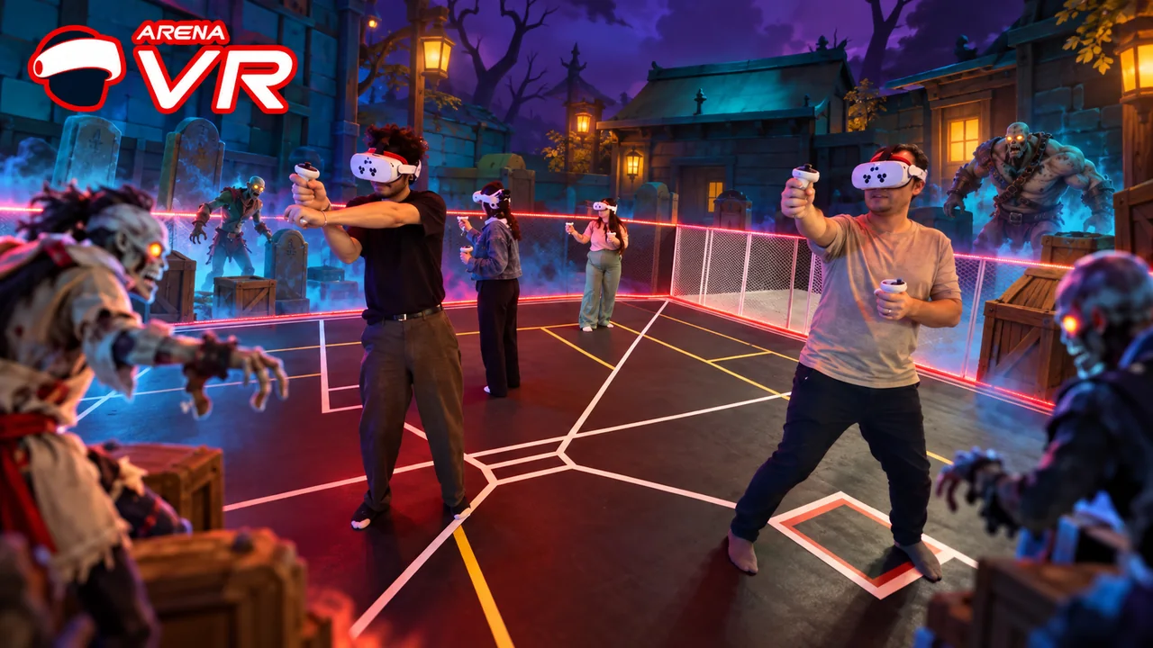 Composição promocional familiar Arena VR em modo PVP-PVE com zumbis