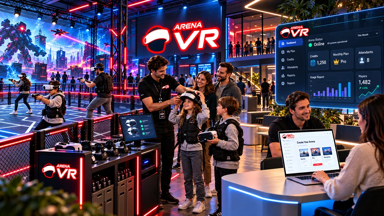 Composição promocional de uma operação Arena VR integrada com arena, equipe e portal