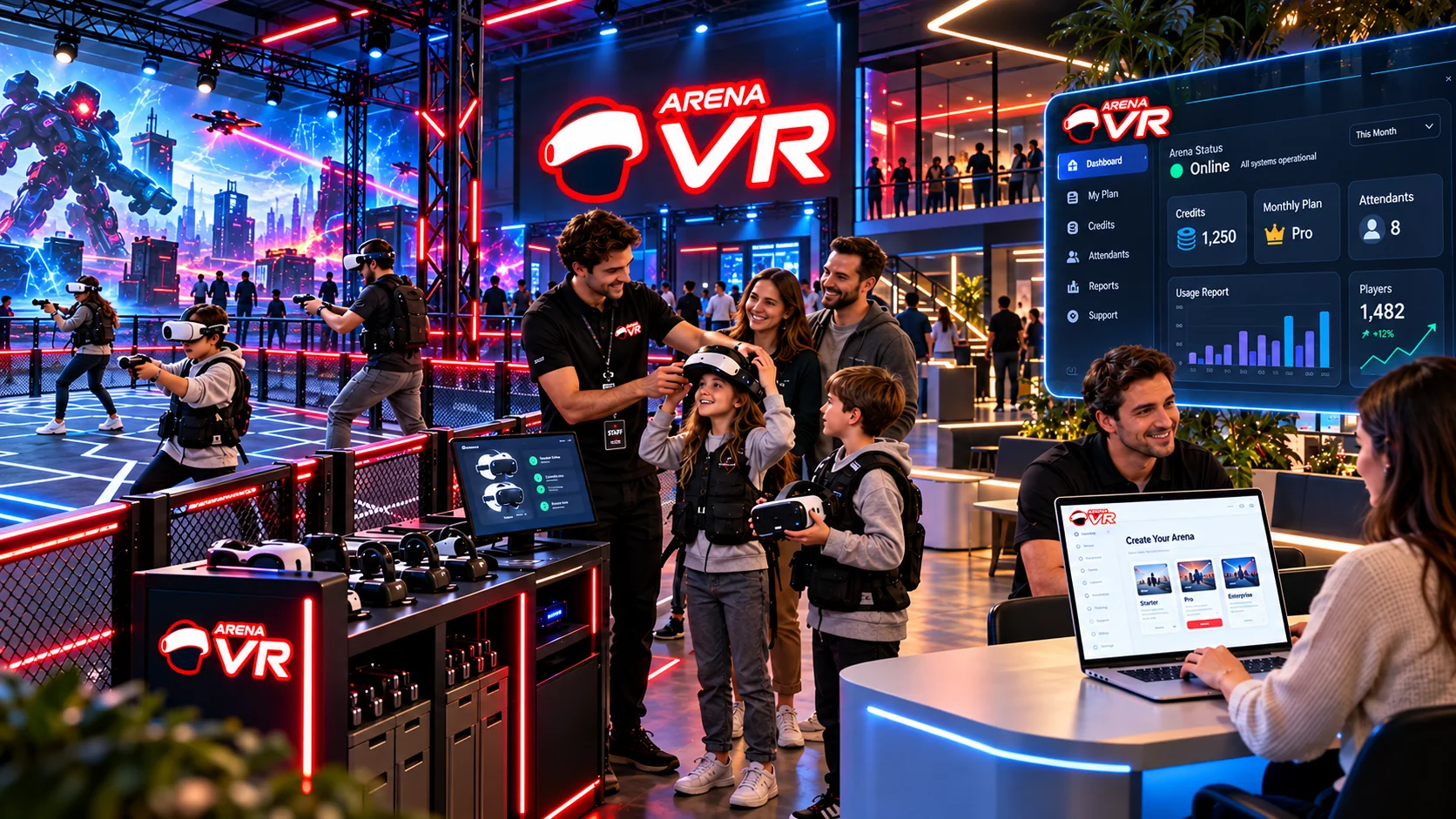 Visão integrada de uma operação Arena VR com arena, atendimento, equipamentos e portal de gestão